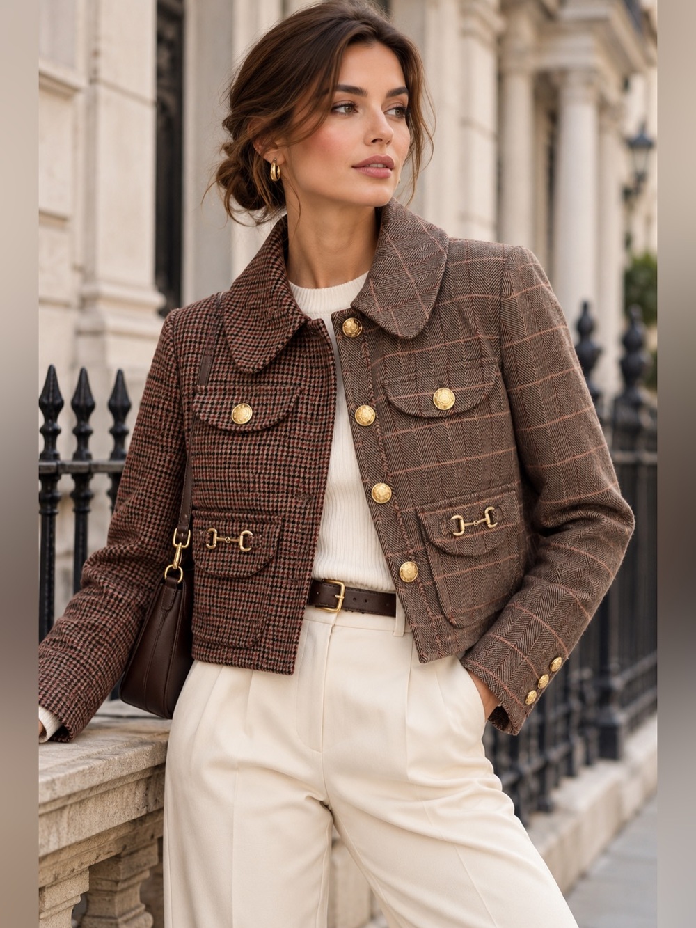Avec Les Filles Mixed Plaid Houndstooth Cropped Equestrian Jacket M New